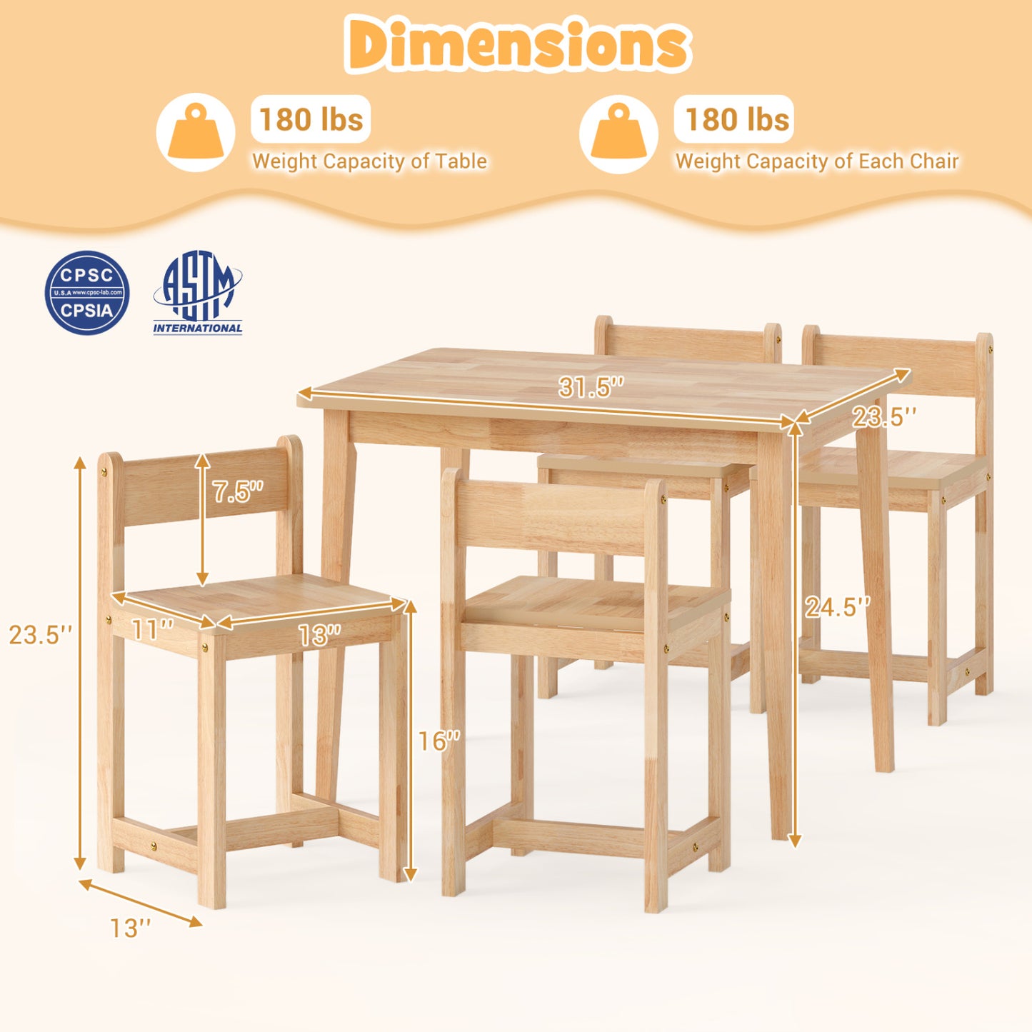 Kids Table and Chair Set - 5 Piece Solid Rubber Wood