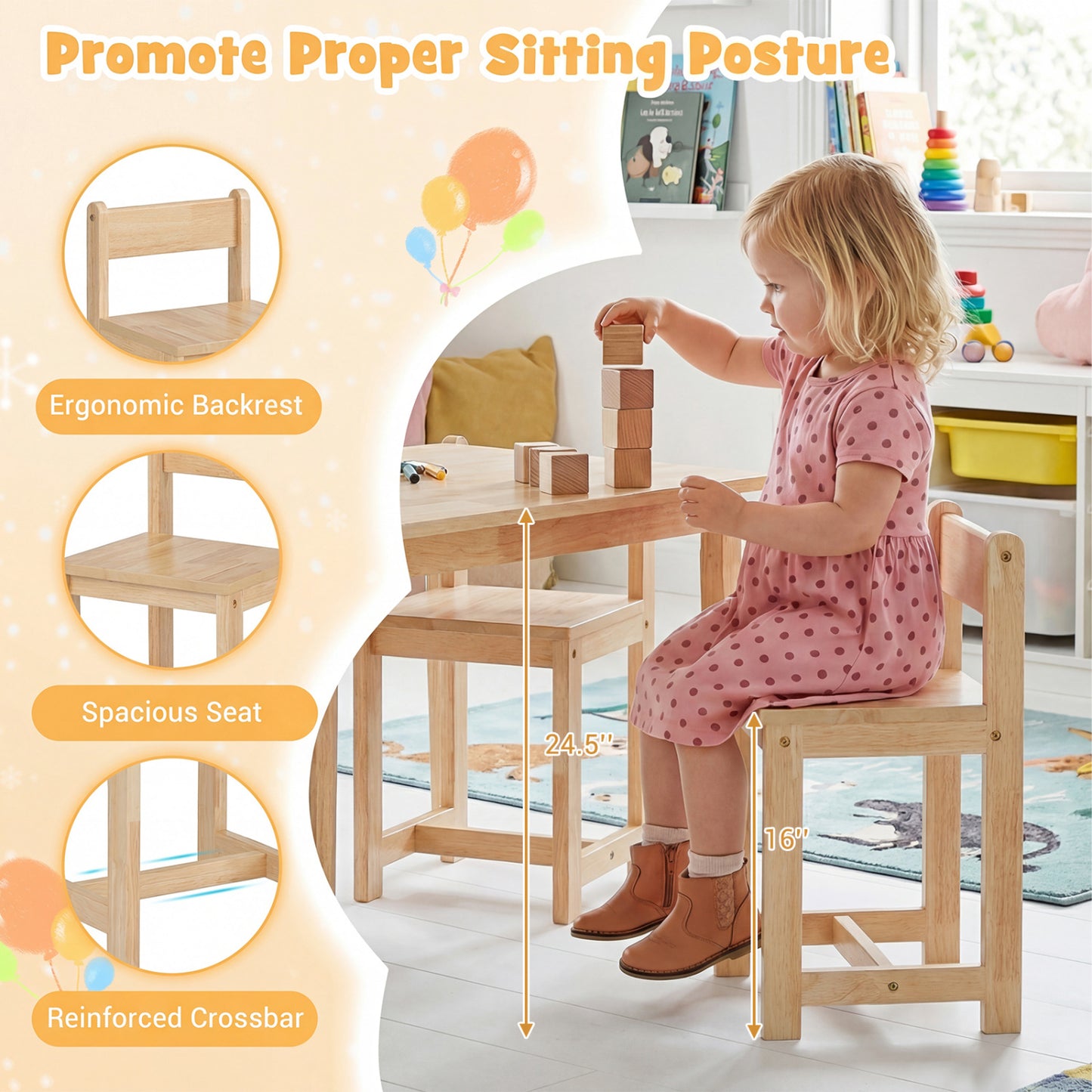 Kids Table and Chair Set - 5 Piece Solid Rubber Wood