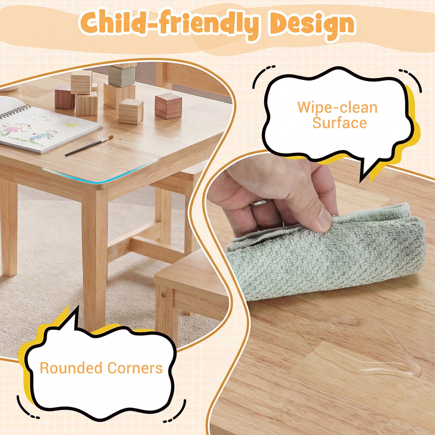 Kids Table and Chair Set - 5 Piece Solid Rubber Wood