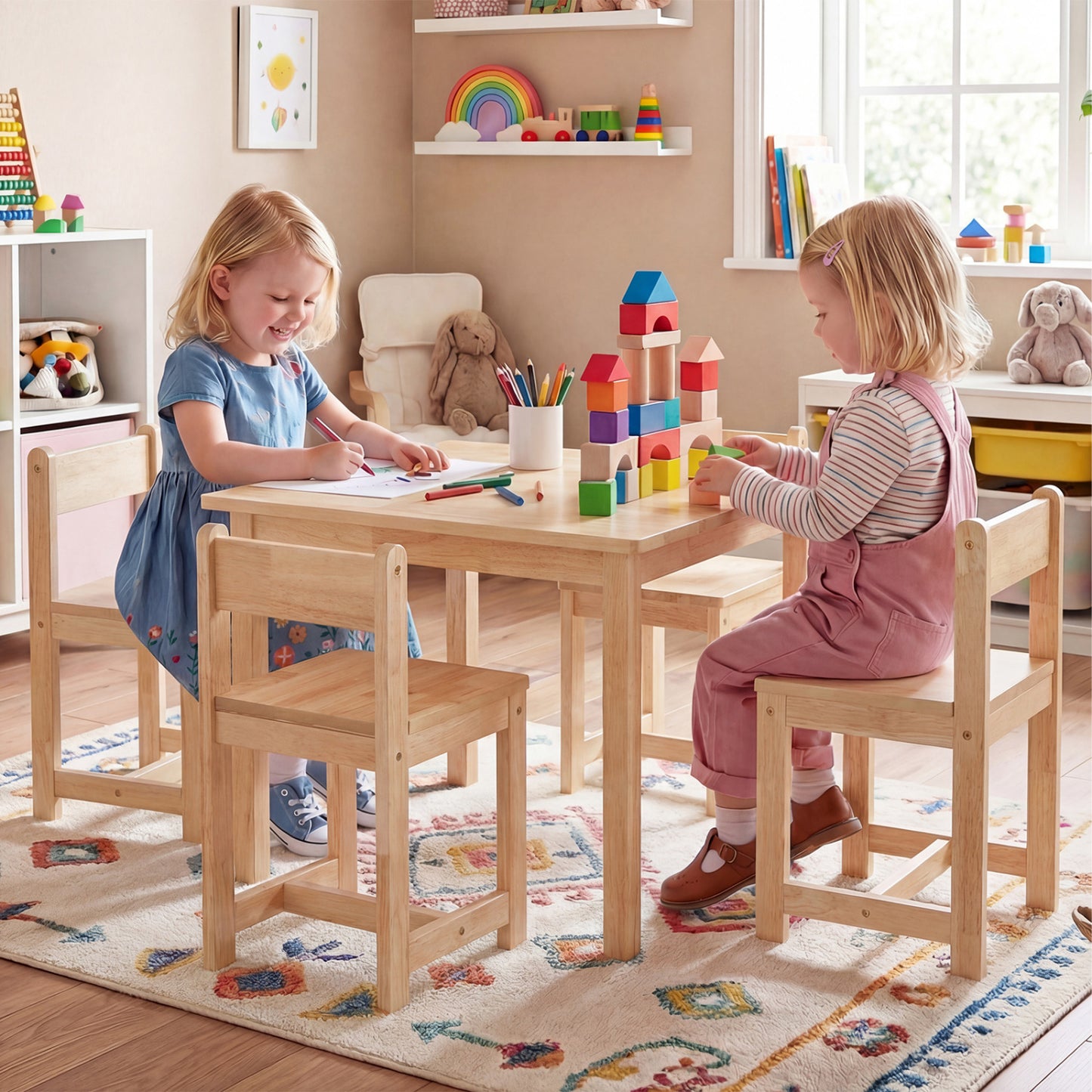 Kids Table and Chair Set - 5 Piece Solid Rubber Wood