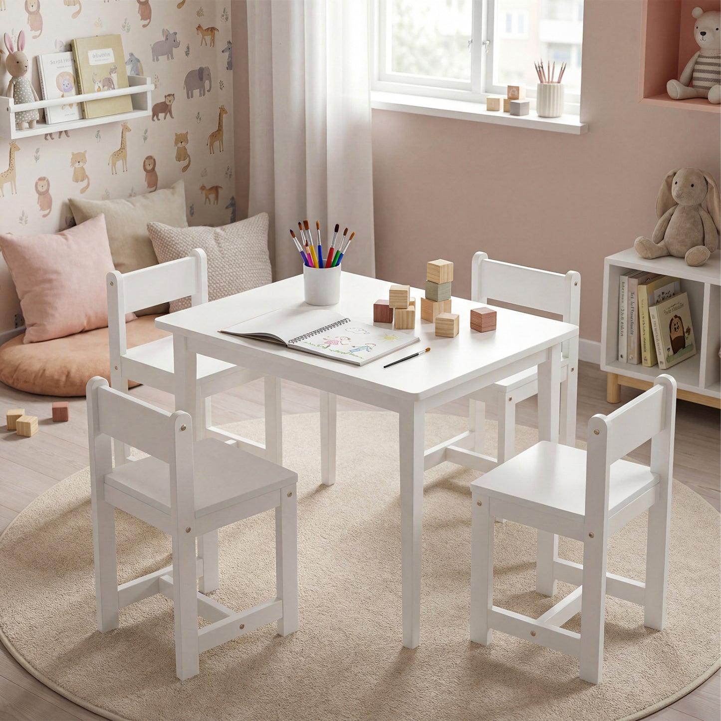 Kids Table and Chair Set - 5 Piece Solid Rubber Wood
