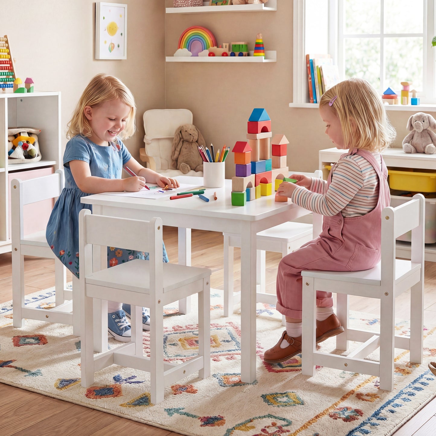 Kids Table and Chair Set - 5 Piece Solid Rubber Wood