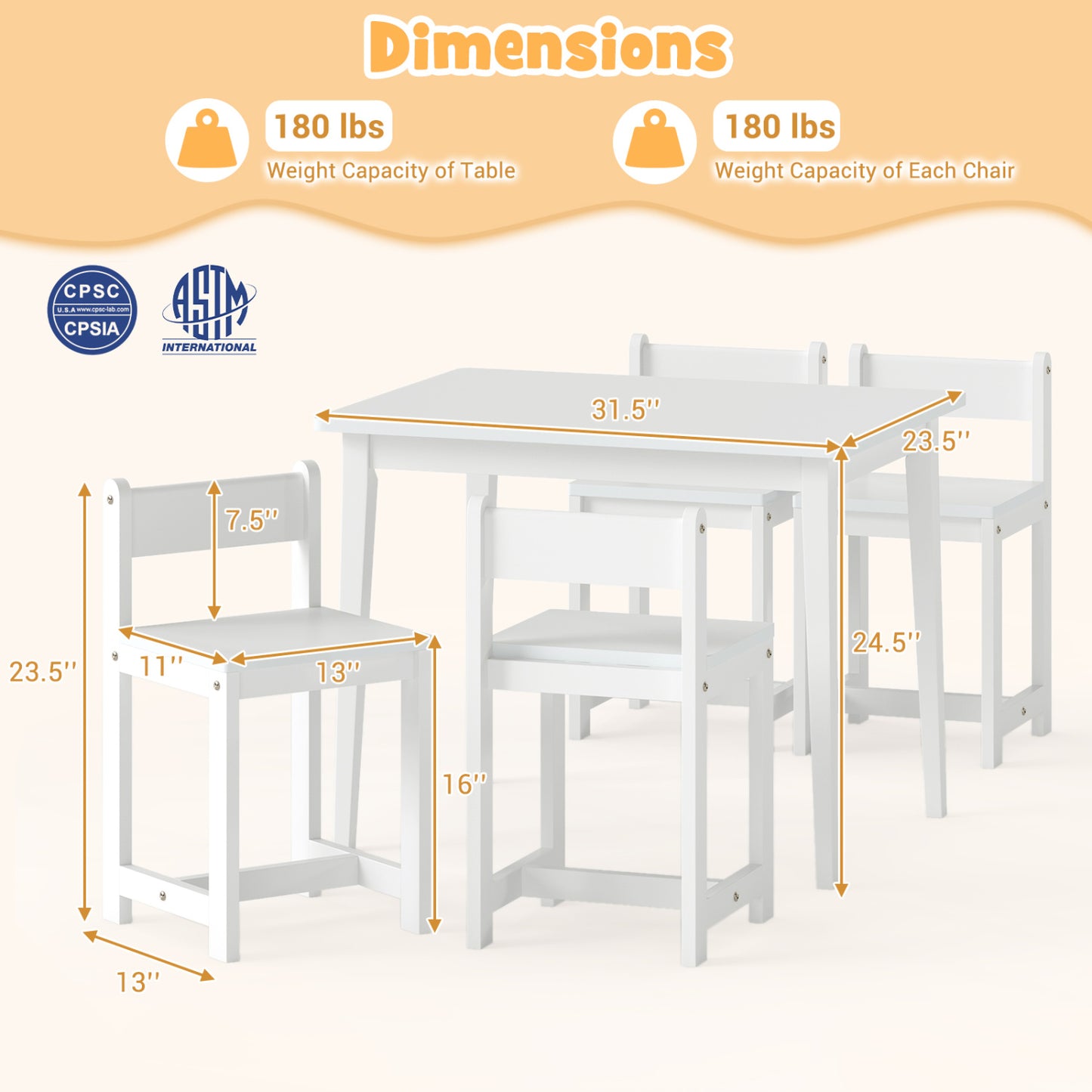 Kids Table and Chair Set - 5 Piece Solid Rubber Wood