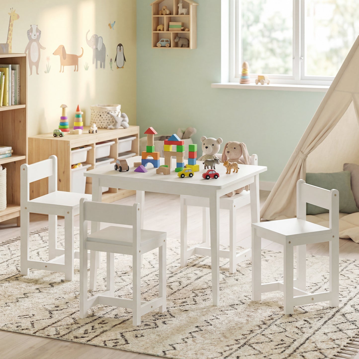Kids Table and Chair Set - 5 Piece Solid Rubber Wood