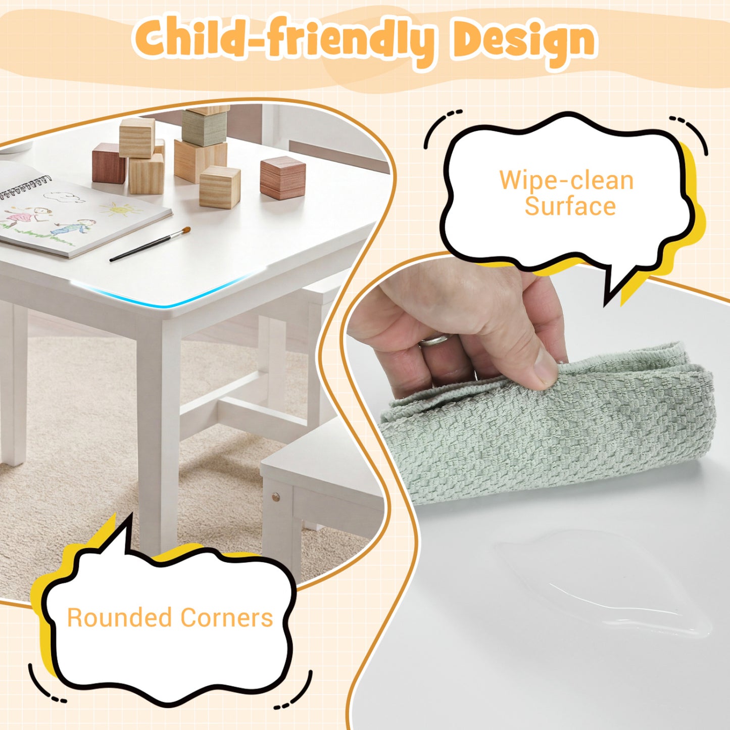 Kids Table and Chair Set - 5 Piece Solid Rubber Wood