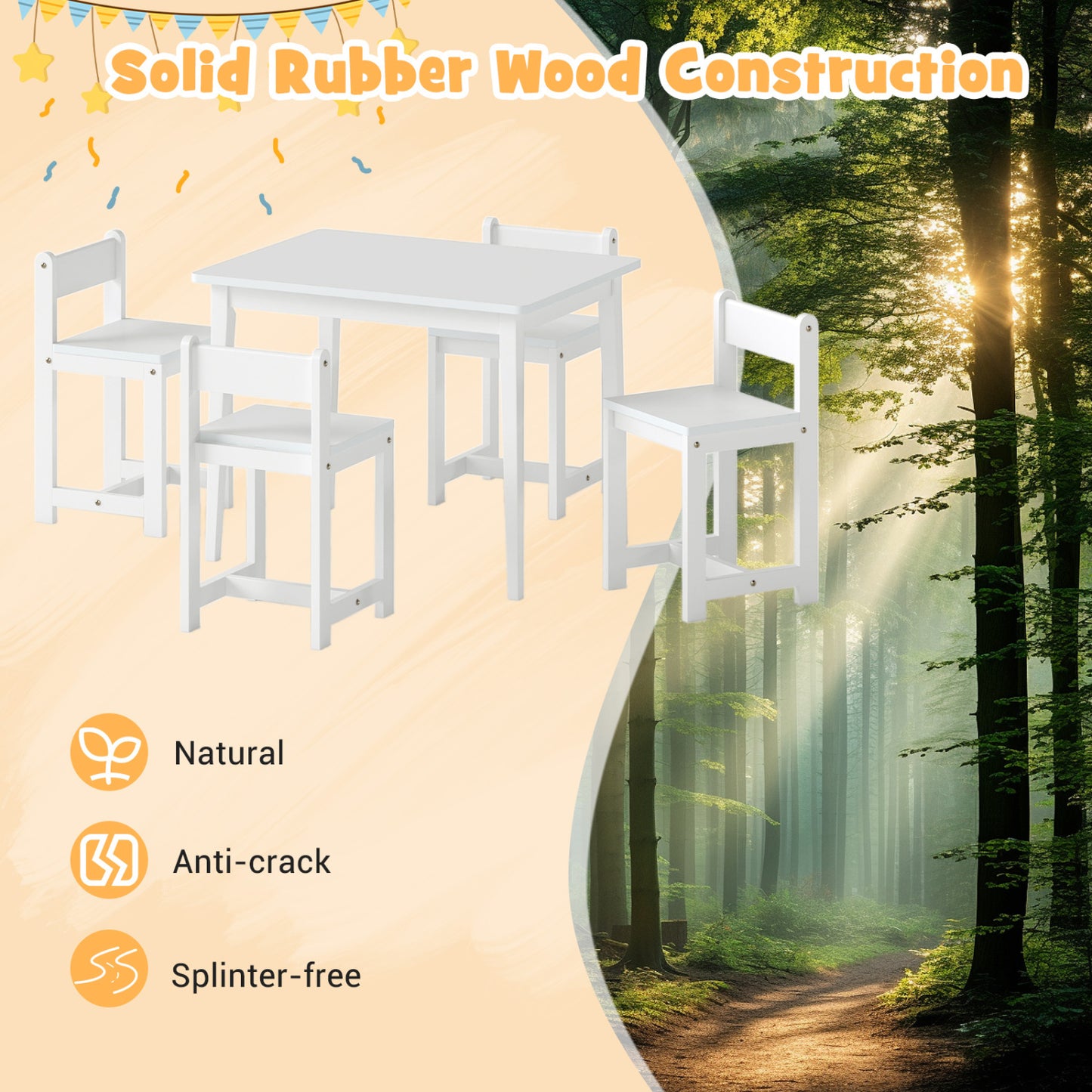 Kids Table and Chair Set - 5 Piece Solid Rubber Wood