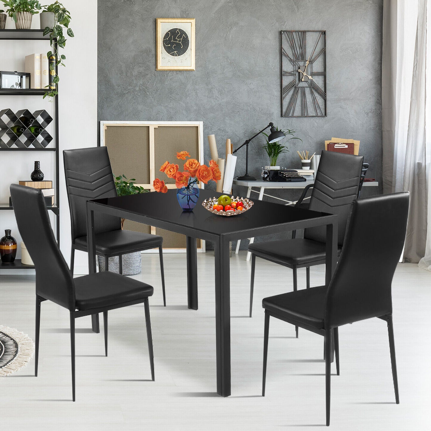 5-Piece Glass Dining Set with Metal Table and 4 Chairs