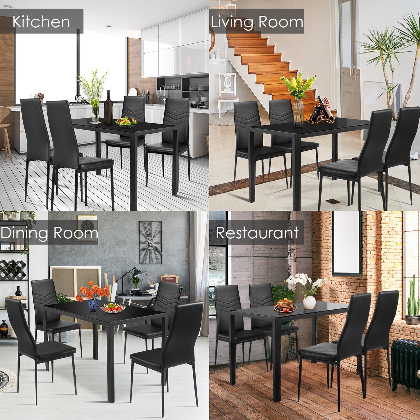 5-Piece Glass Dining Set with Metal Table and 4 Chairs