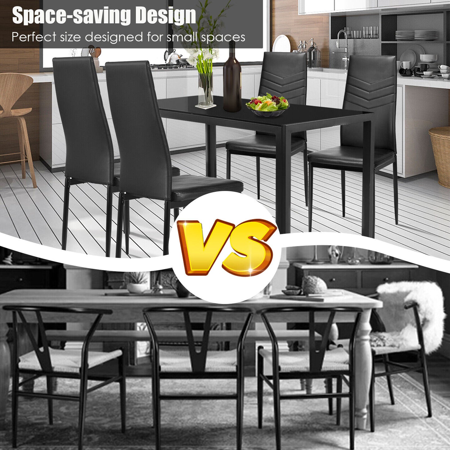 5-Piece Glass Dining Set with Metal Table and 4 Chairs