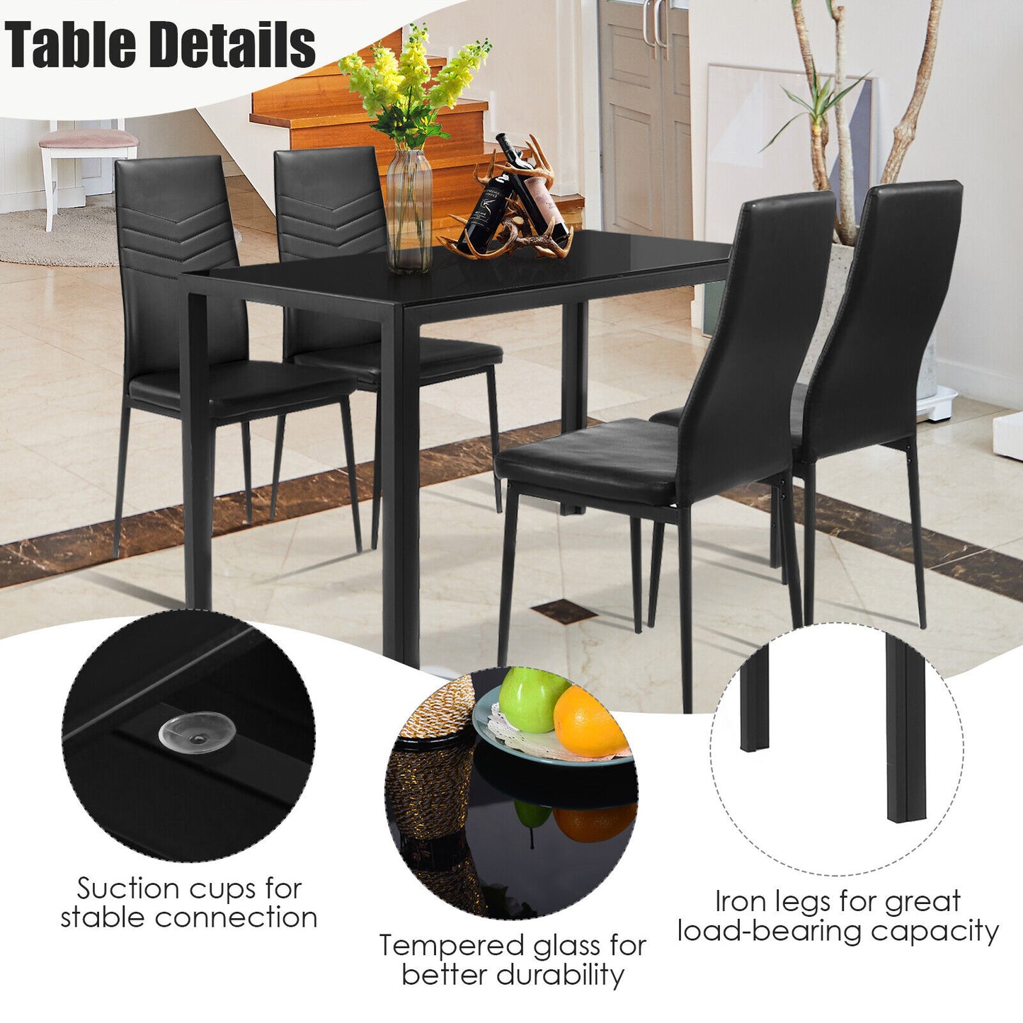 5-Piece Glass Dining Set with Metal Table and 4 Chairs
