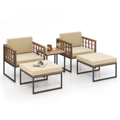 5-Piece Acacia Wood Patio Conversation Set with Ottomans