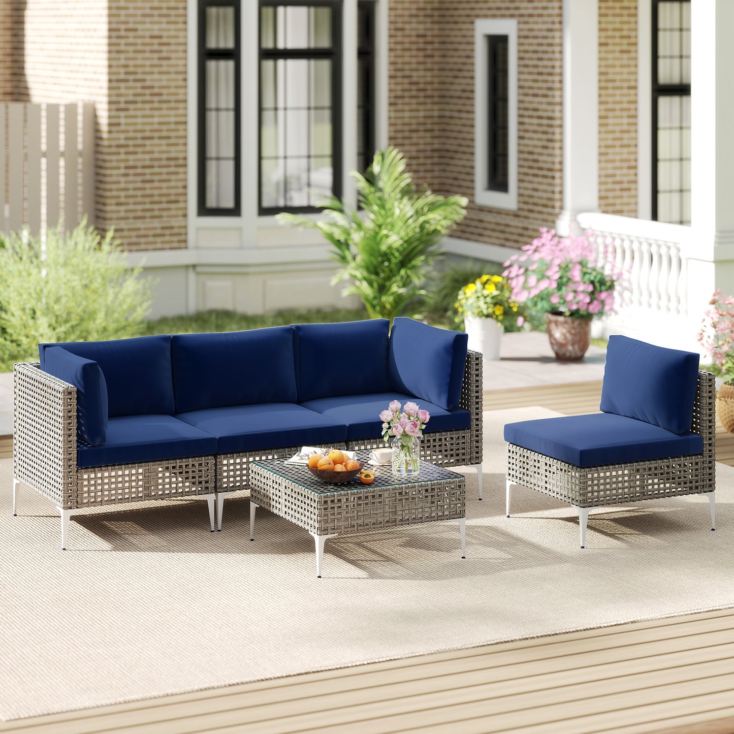 5-Piece Outdoor Sectional Set with Glass Coffee Table - Navy
