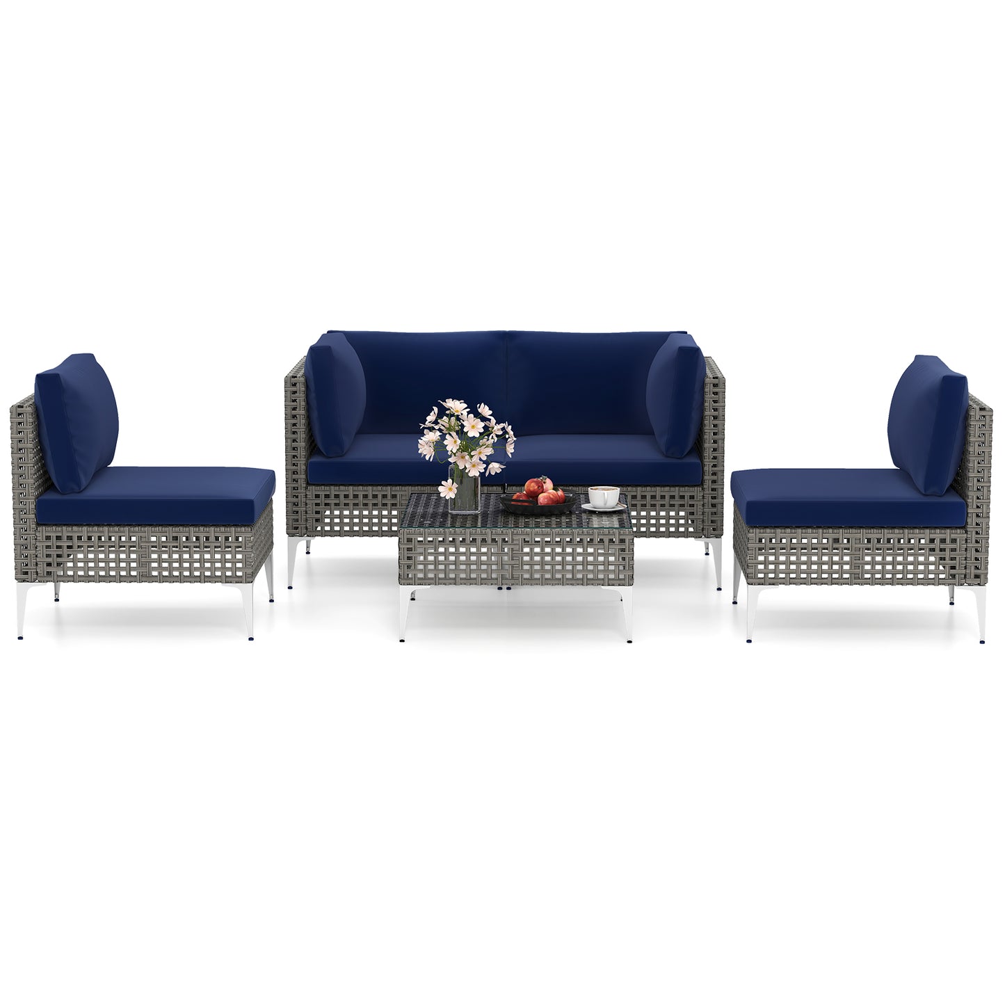 5-Piece Outdoor Sectional Set with Glass Coffee Table - Navy