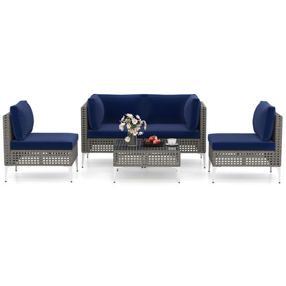 5-Piece Outdoor Sectional Set with Glass Coffee Table - Navy
