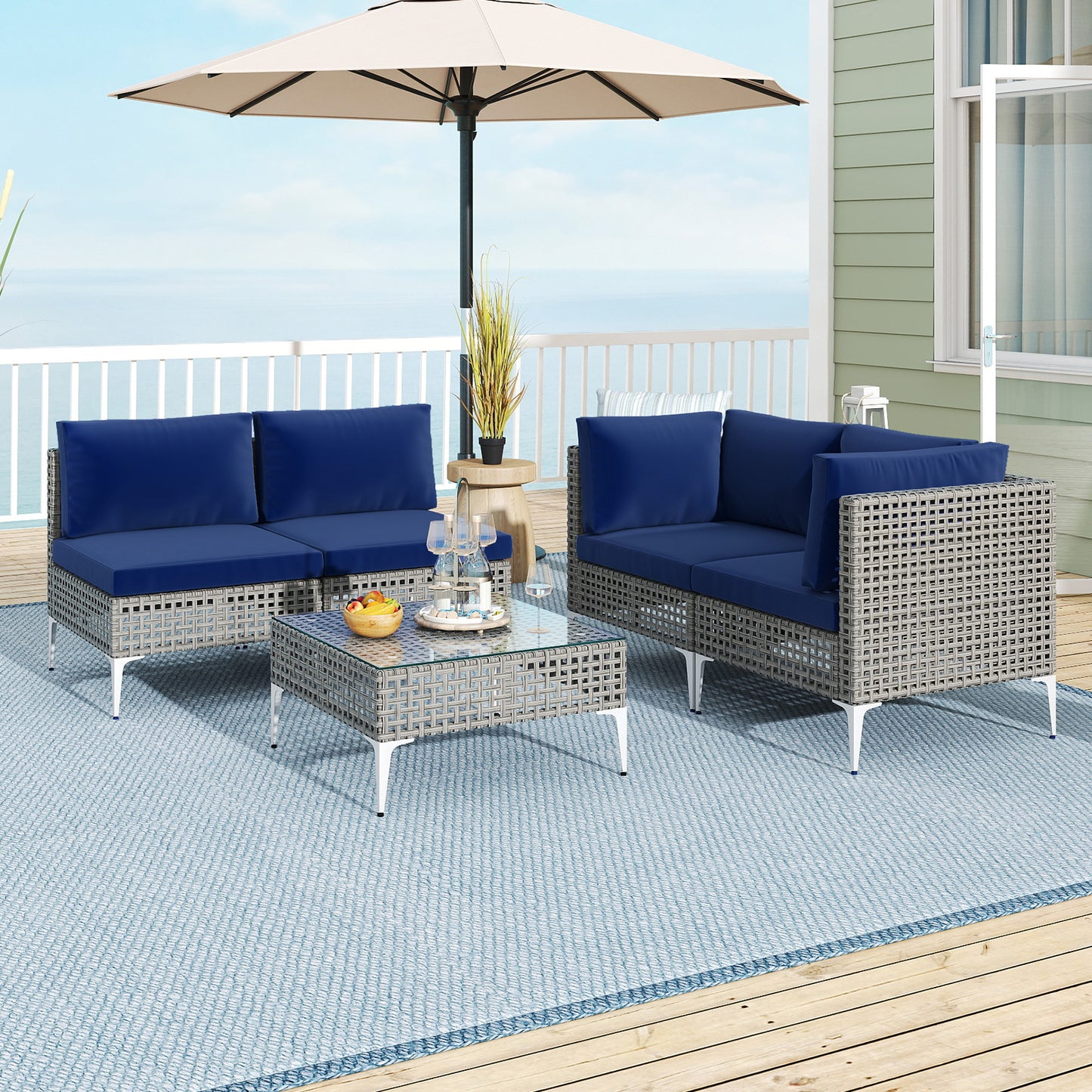 5-Piece Outdoor Sectional Set with Glass Coffee Table - Navy