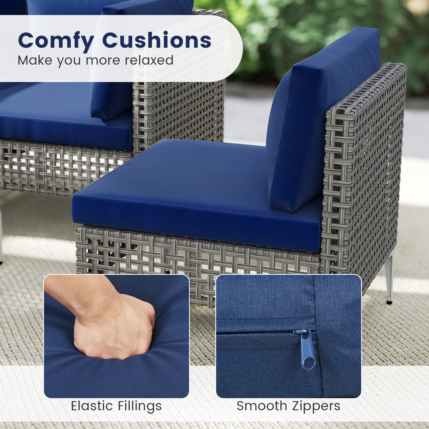 5-Piece Outdoor Sectional Set with Glass Coffee Table - Navy