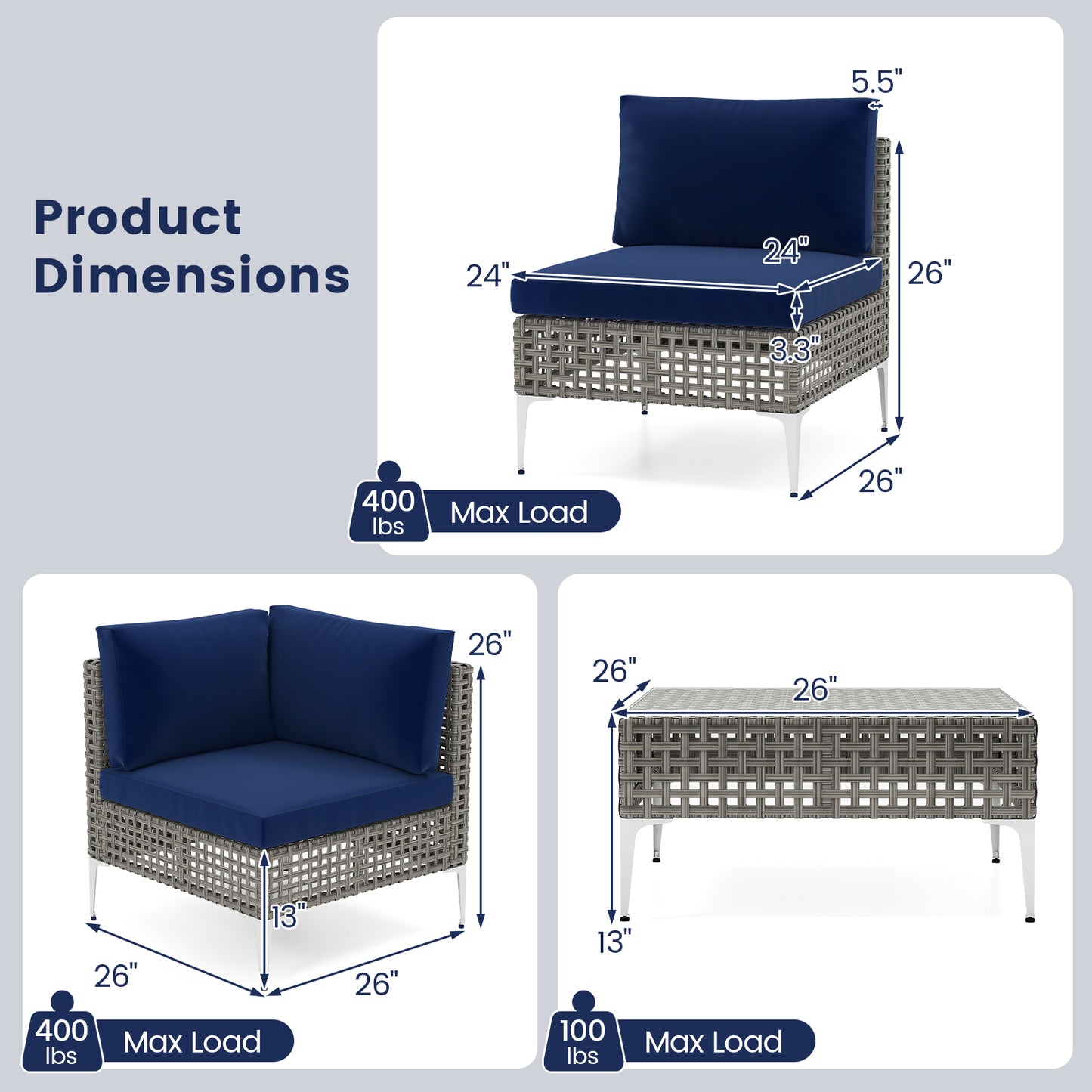 5-Piece Outdoor Sectional Set with Glass Coffee Table - Navy