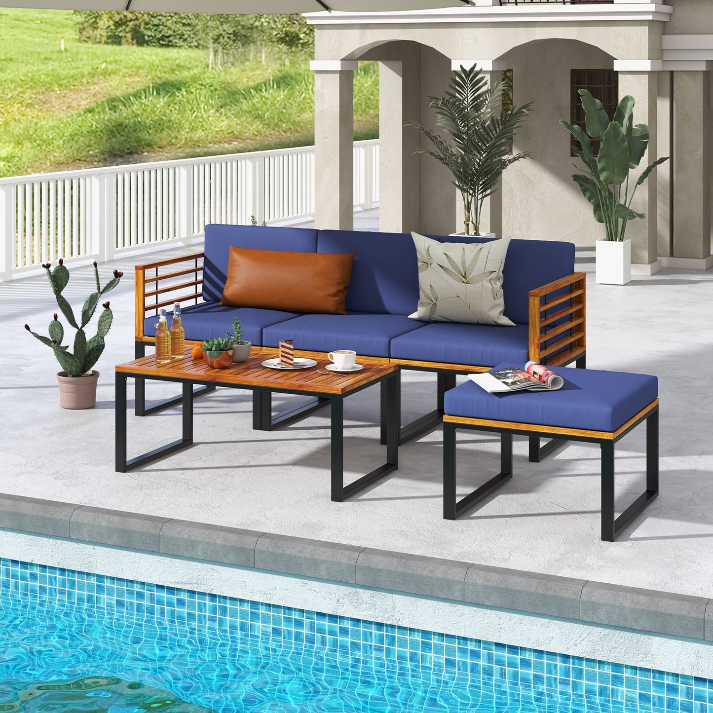 5-Piece Acacia Wood Patio Conversation Set with Ottoman & Table