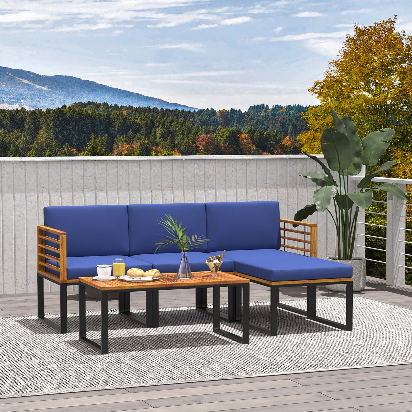 5-Piece Acacia Wood Patio Conversation Set with Ottoman & Table