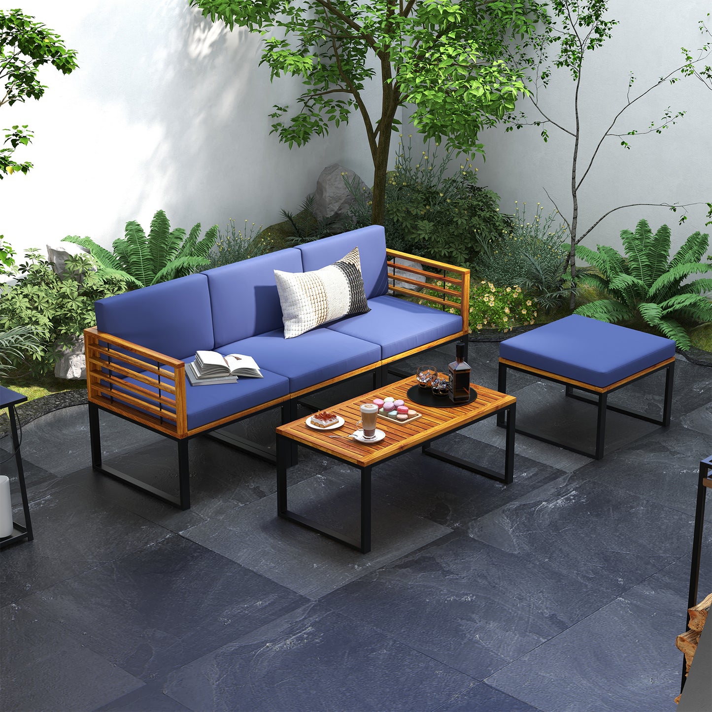5-Piece Acacia Wood Patio Conversation Set with Ottoman & Table