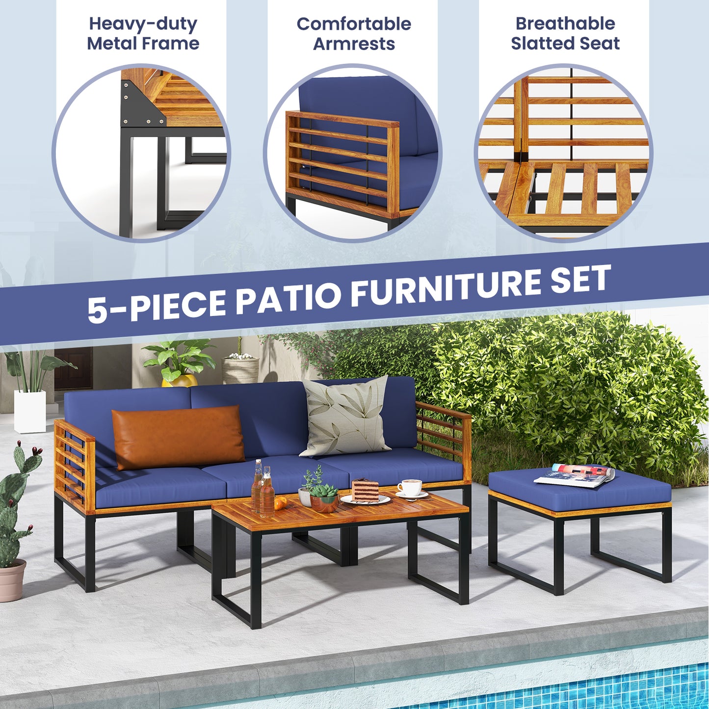 5-Piece Acacia Wood Patio Conversation Set with Ottoman & Table