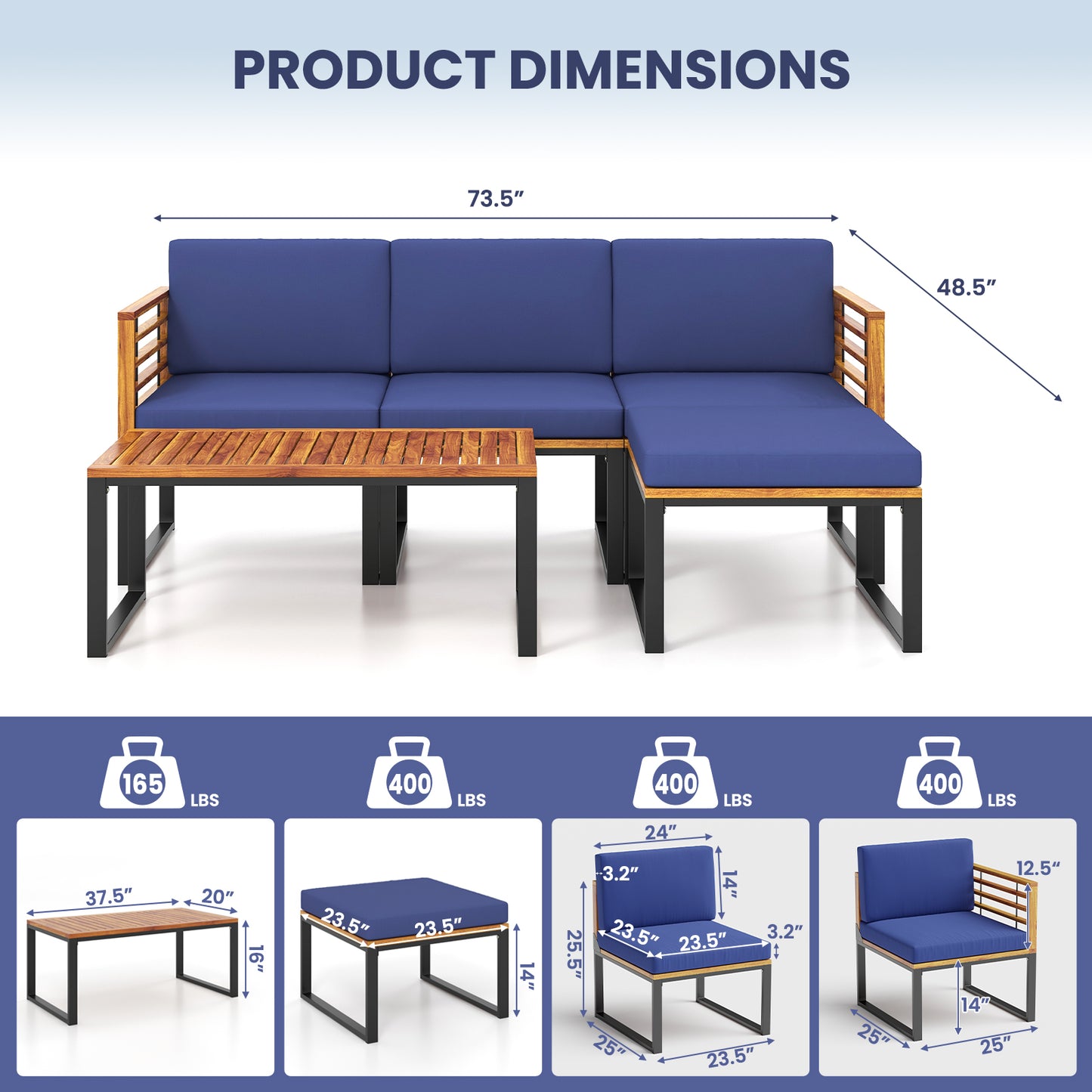 5-Piece Acacia Wood Patio Conversation Set with Ottoman & Table