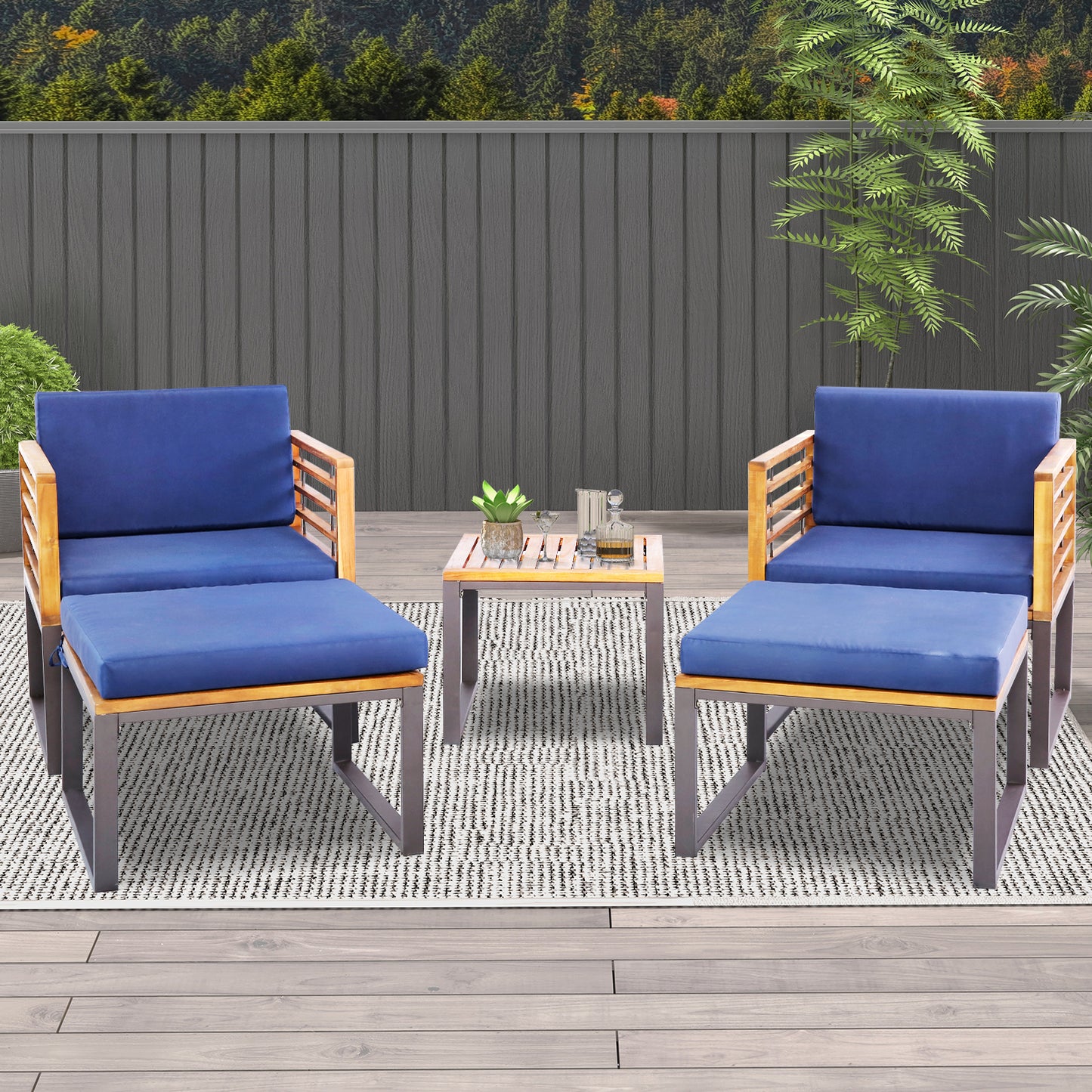 5-Piece Acacia Wood Patio Conversation Set with Ottomans