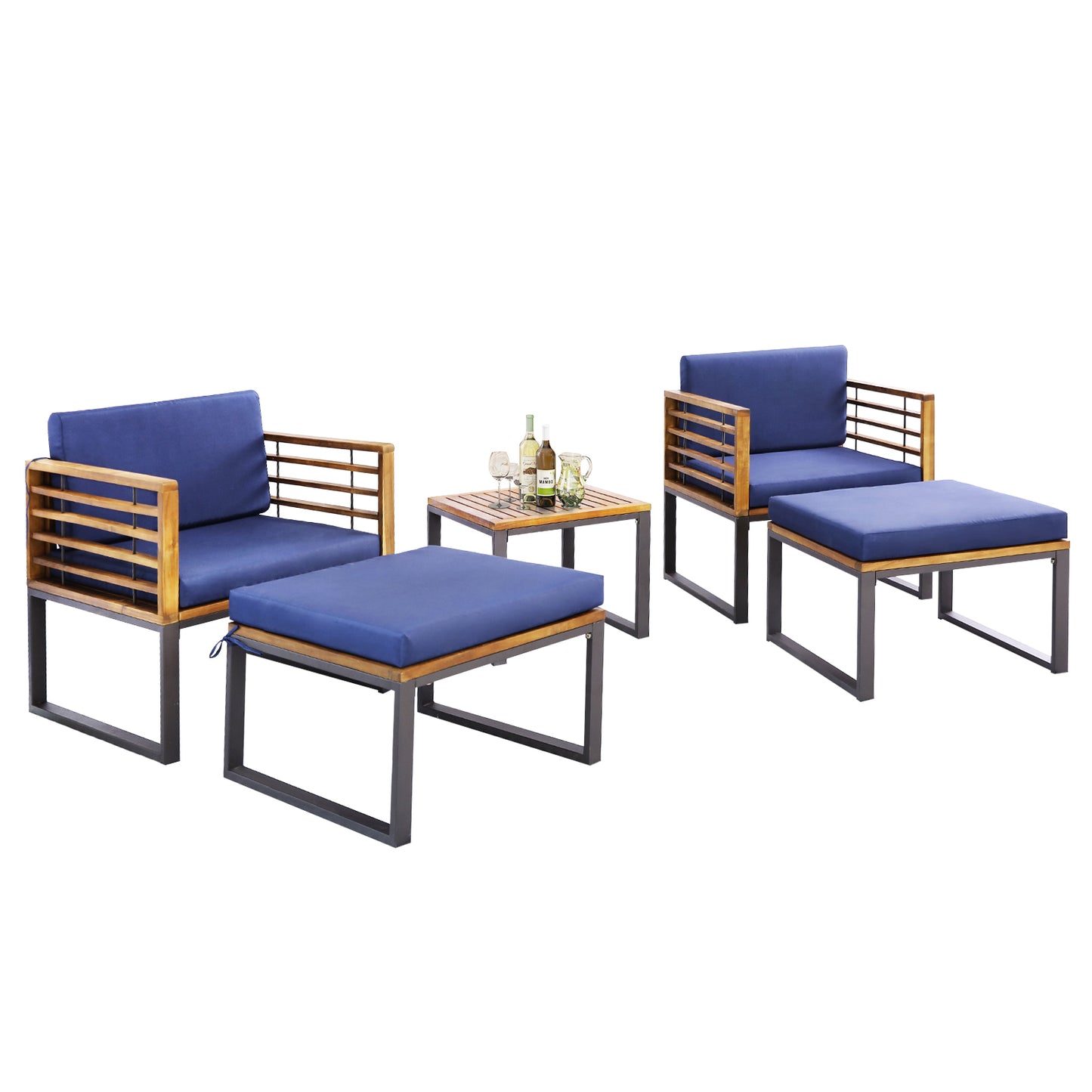 5-Piece Acacia Wood Patio Conversation Set with Ottomans