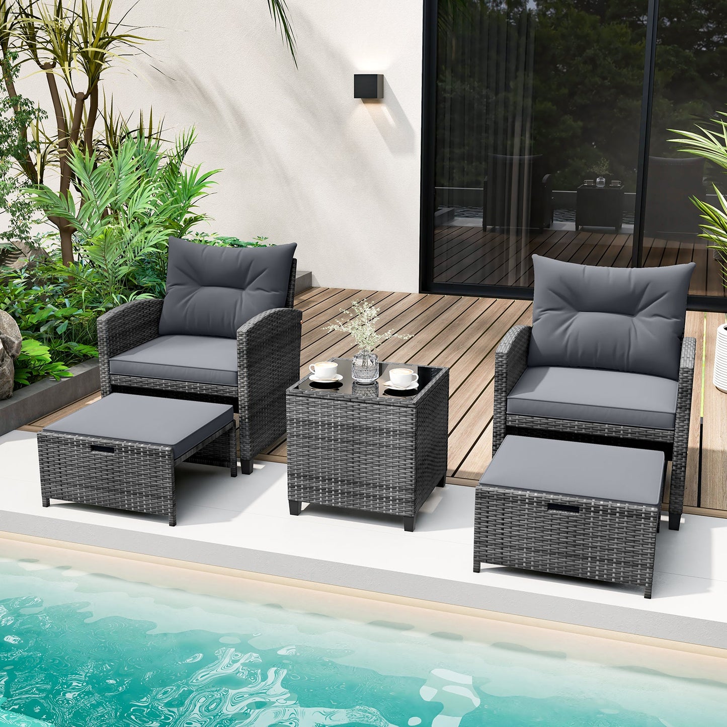 5 Piece Patio Rattan Furniture with 2 Ottomans and Tempered Glass Coffee Table