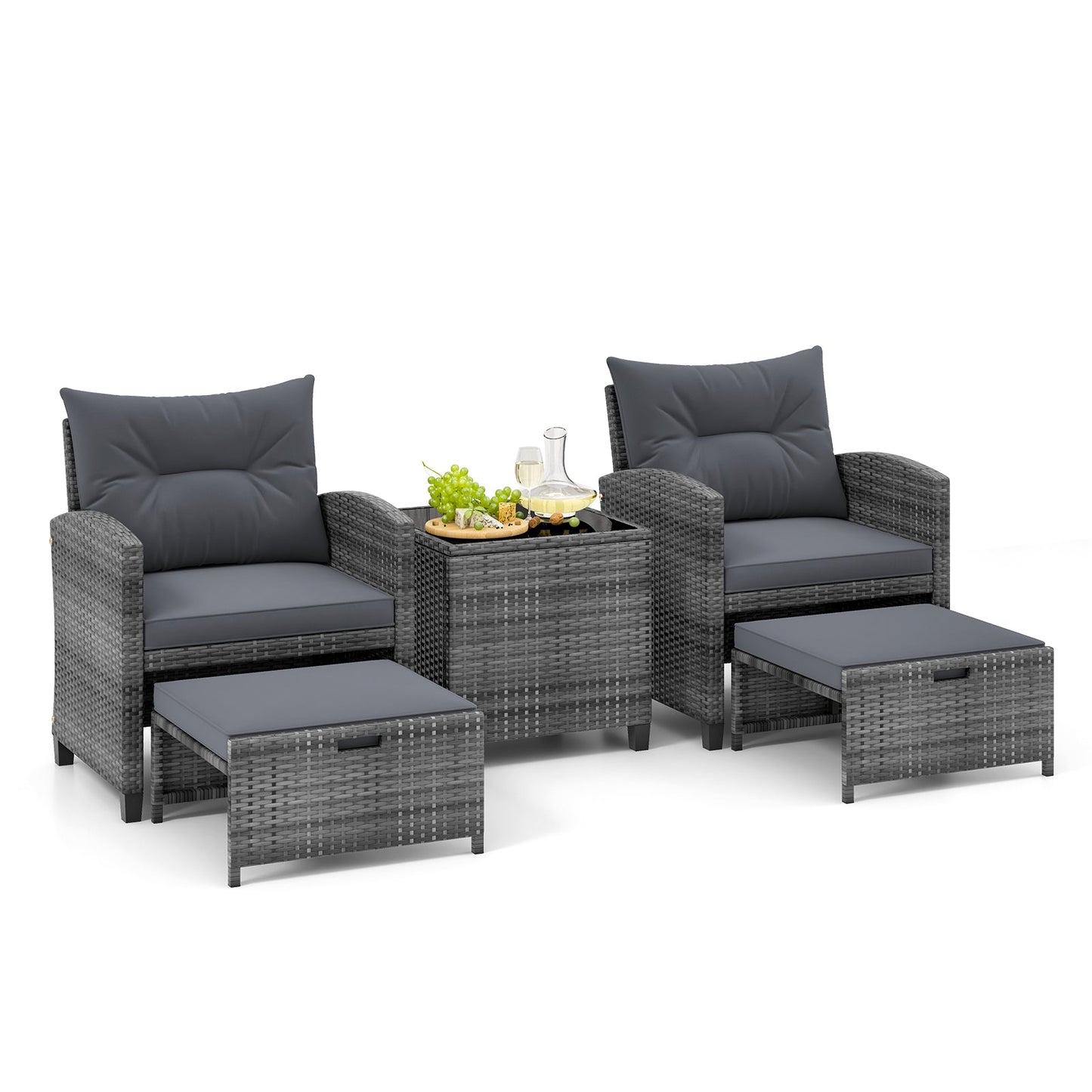 5 Piece Patio Rattan Furniture with 2 Ottomans and Tempered Glass Coffee Table