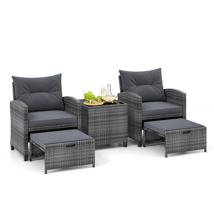 5 Piece Patio Rattan Furniture with 2 Ottomans and Tempered Glass Coffee Table