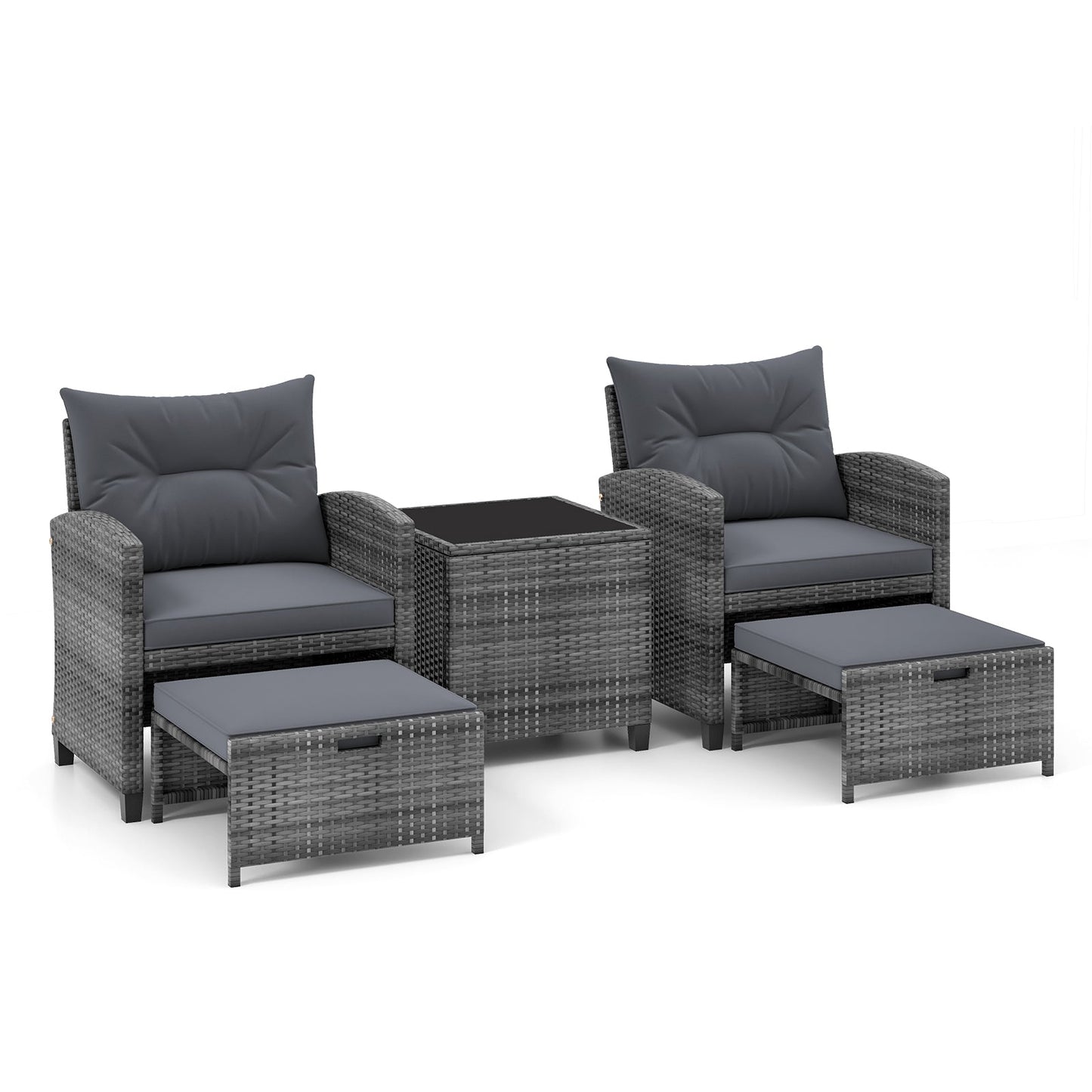 5 Piece Patio Rattan Furniture with 2 Ottomans and Tempered Glass Coffee Table