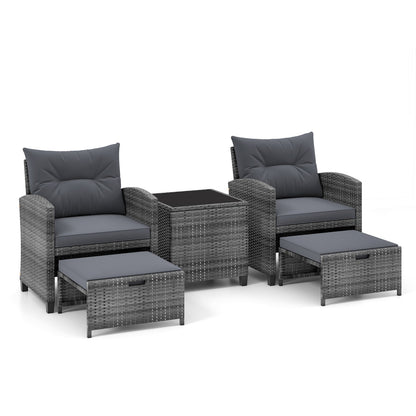 5 Piece Patio Rattan Furniture with 2 Ottomans and Tempered Glass Coffee Table