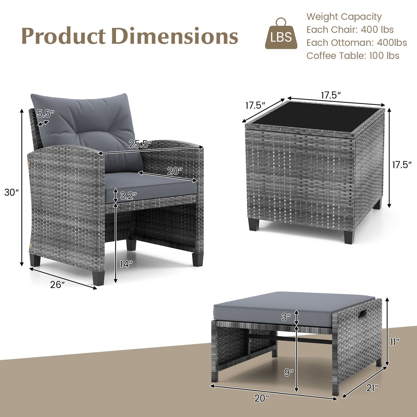 5 Piece Patio Rattan Furniture with 2 Ottomans and Tempered Glass Coffee Table