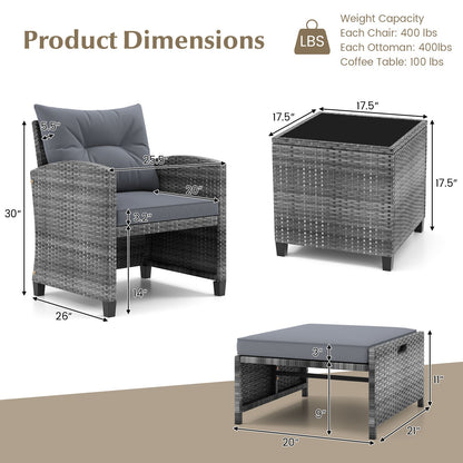 5 Piece Patio Rattan Furniture with 2 Ottomans and Tempered Glass Coffee Table