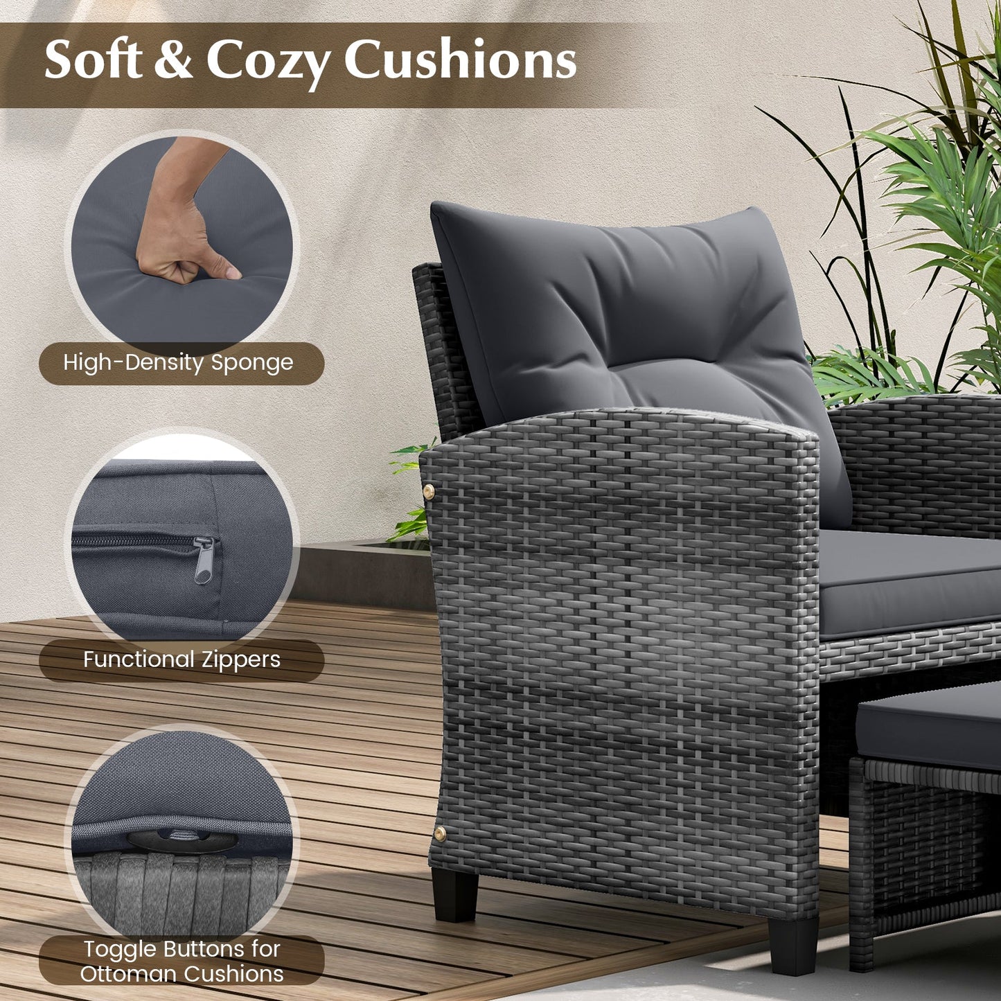 5 Piece Patio Rattan Furniture with 2 Ottomans and Tempered Glass Coffee Table