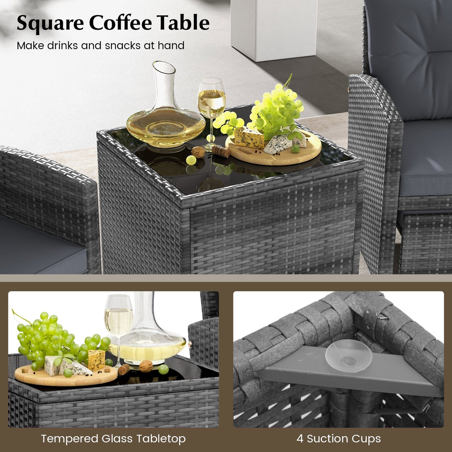 5 Piece Patio Rattan Furniture with 2 Ottomans and Tempered Glass Coffee Table