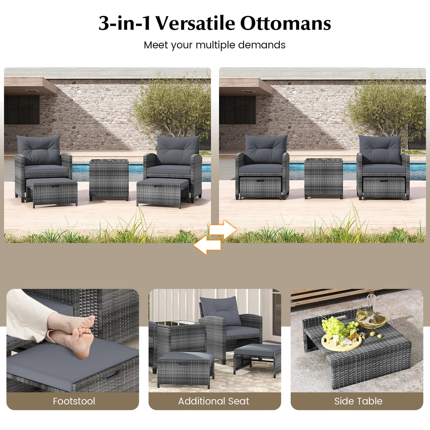 5 Piece Patio Rattan Furniture with 2 Ottomans and Tempered Glass Coffee Table