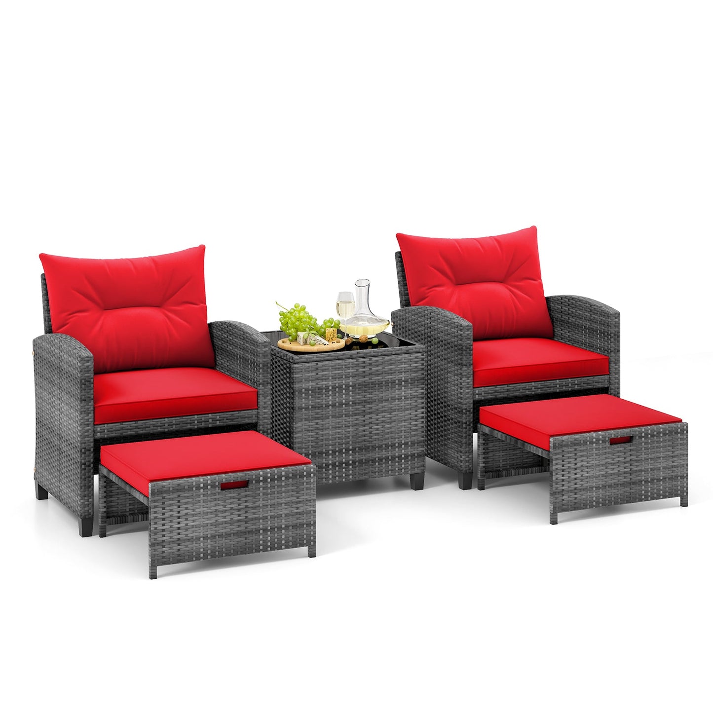 5 Piece Patio Rattan Furniture with 2 Ottomans and Tempered Glass Coffee Table