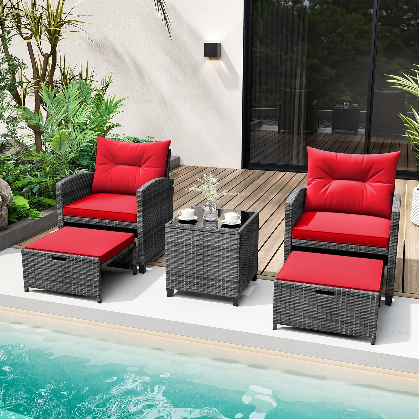 5 Piece Patio Rattan Furniture with 2 Ottomans and Tempered Glass Coffee Table