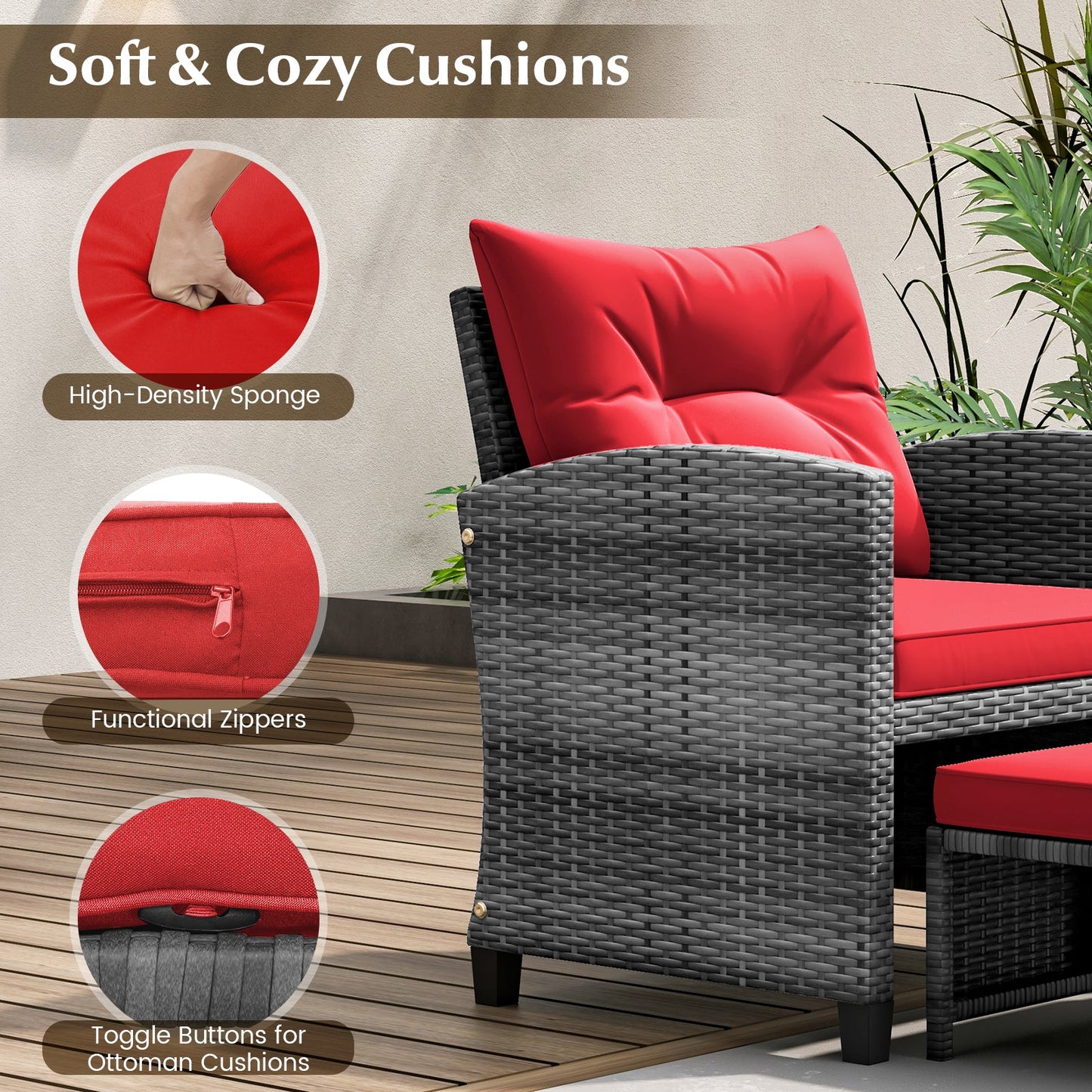 5 Piece Patio Rattan Furniture with 2 Ottomans and Tempered Glass Coffee Table