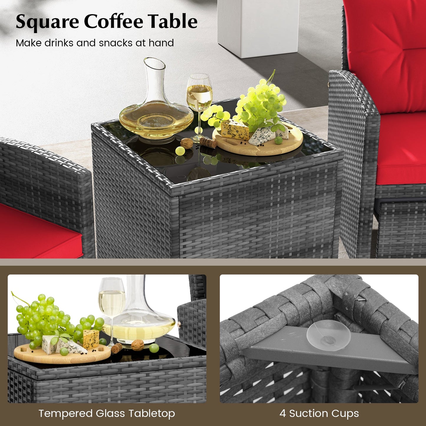 5 Piece Patio Rattan Furniture with 2 Ottomans and Tempered Glass Coffee Table