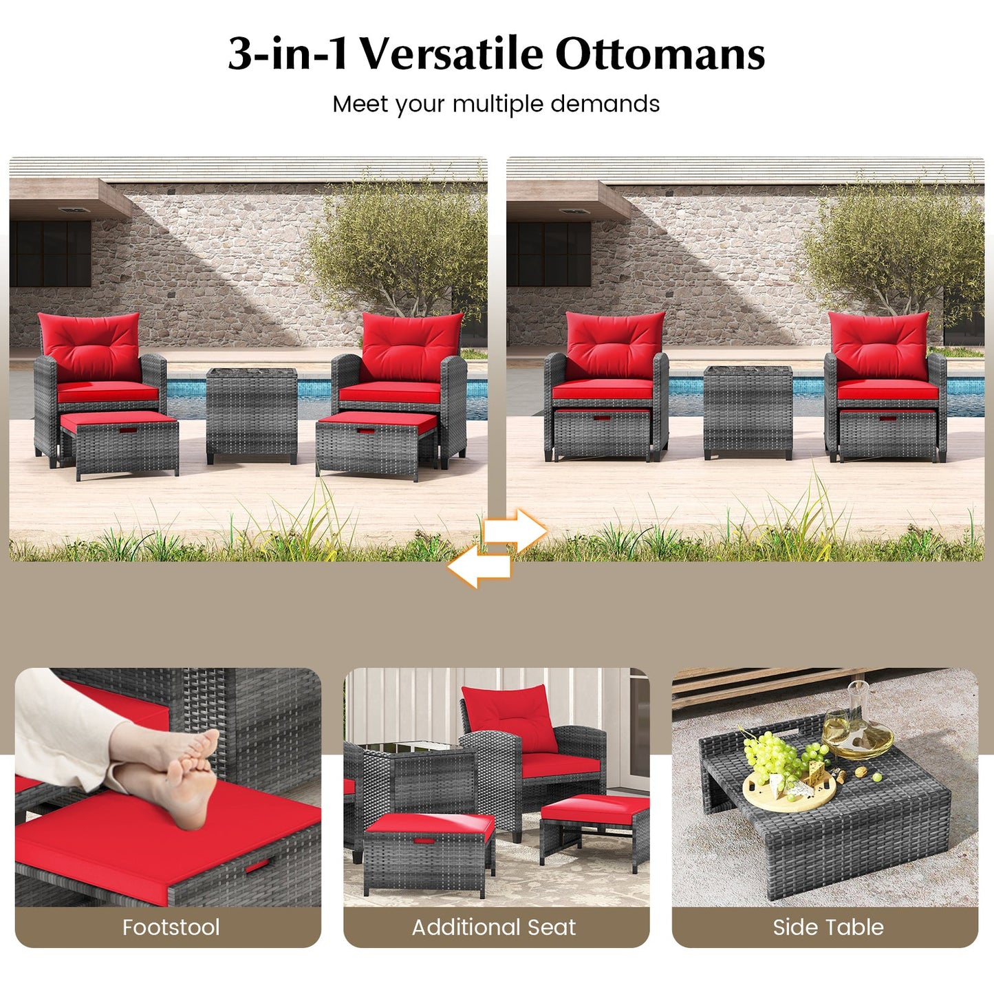 5 Piece Patio Rattan Furniture with 2 Ottomans and Tempered Glass Coffee Table