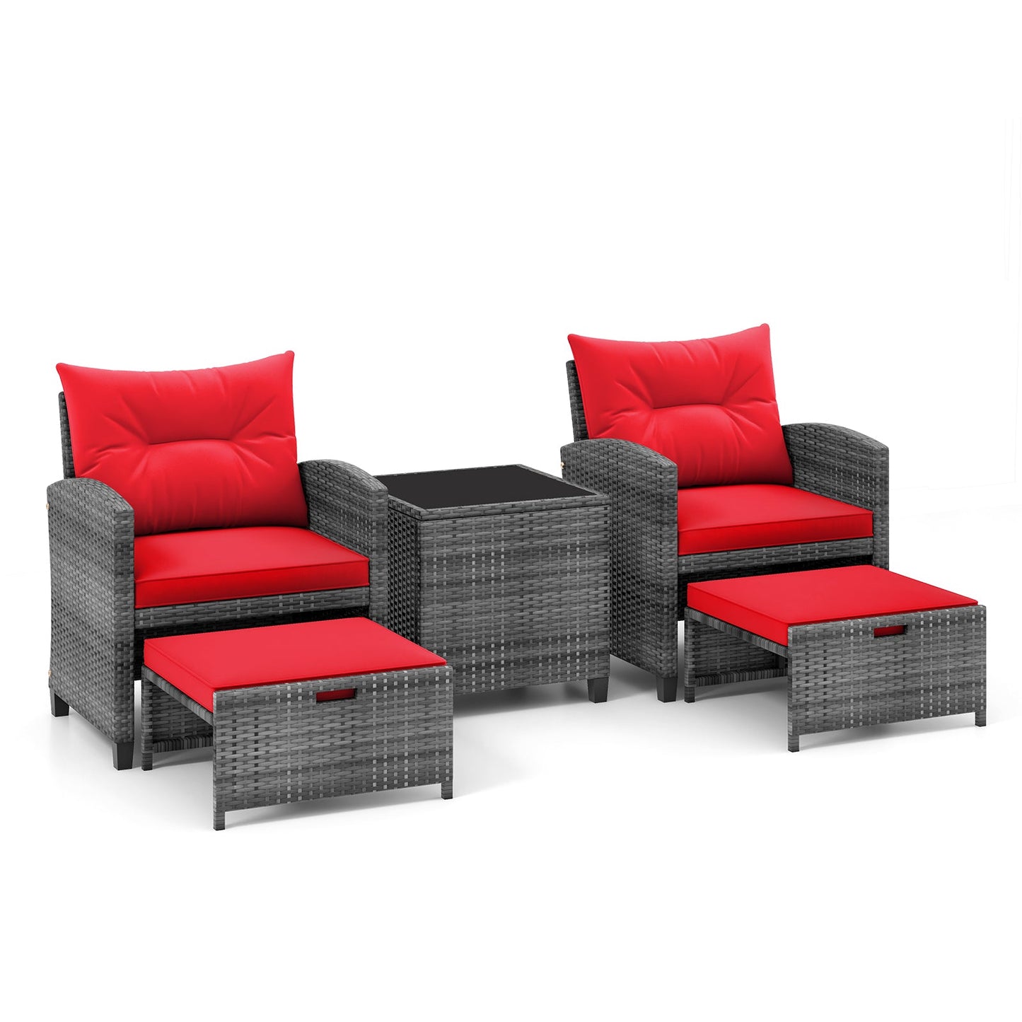 5 Piece Patio Rattan Furniture with 2 Ottomans and Tempered Glass Coffee Table