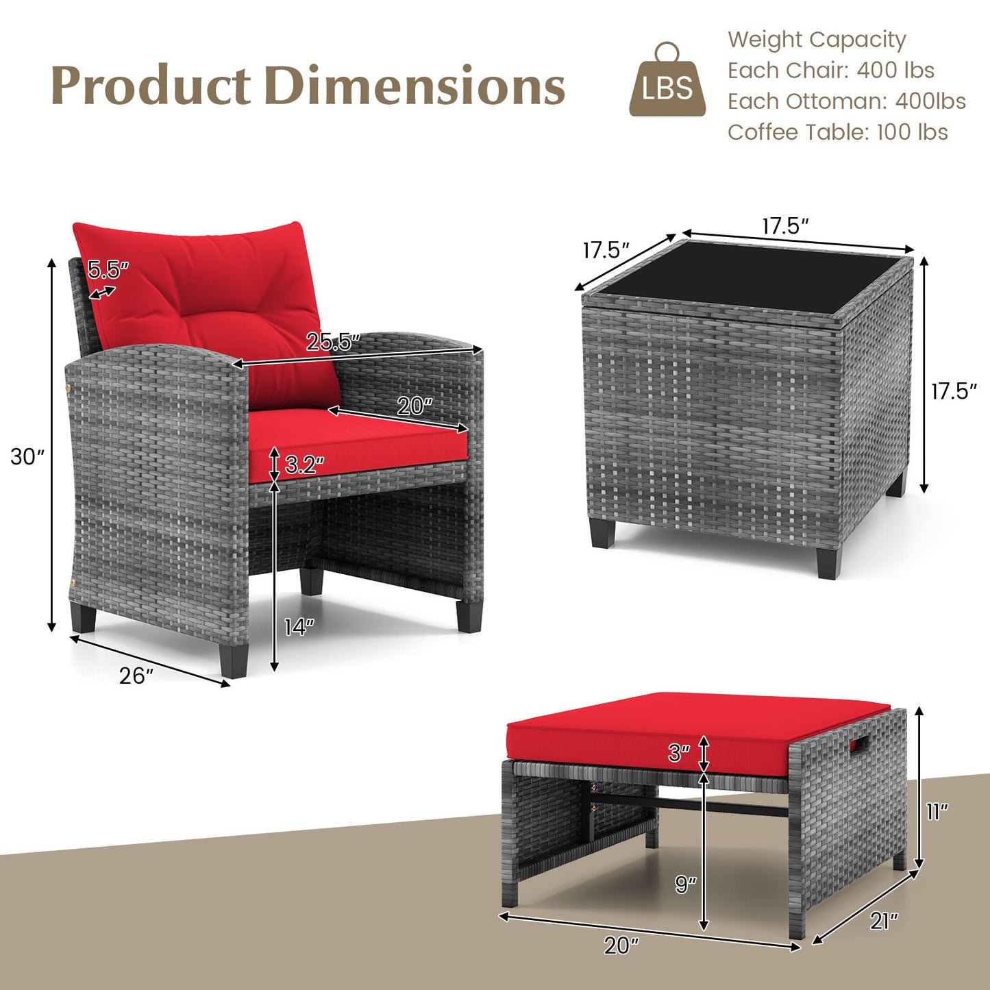 5 Piece Patio Rattan Furniture with 2 Ottomans and Tempered Glass Coffee Table