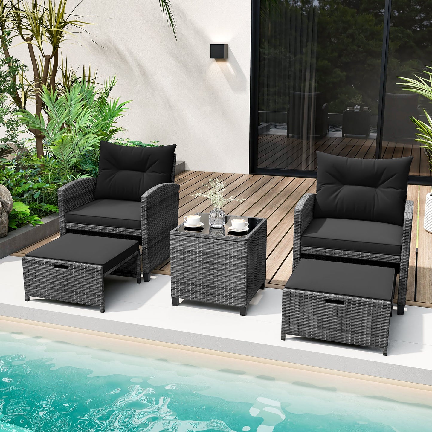 5 Piece Patio Rattan Furniture with 2 Ottomans and Tempered Glass Coffee Table