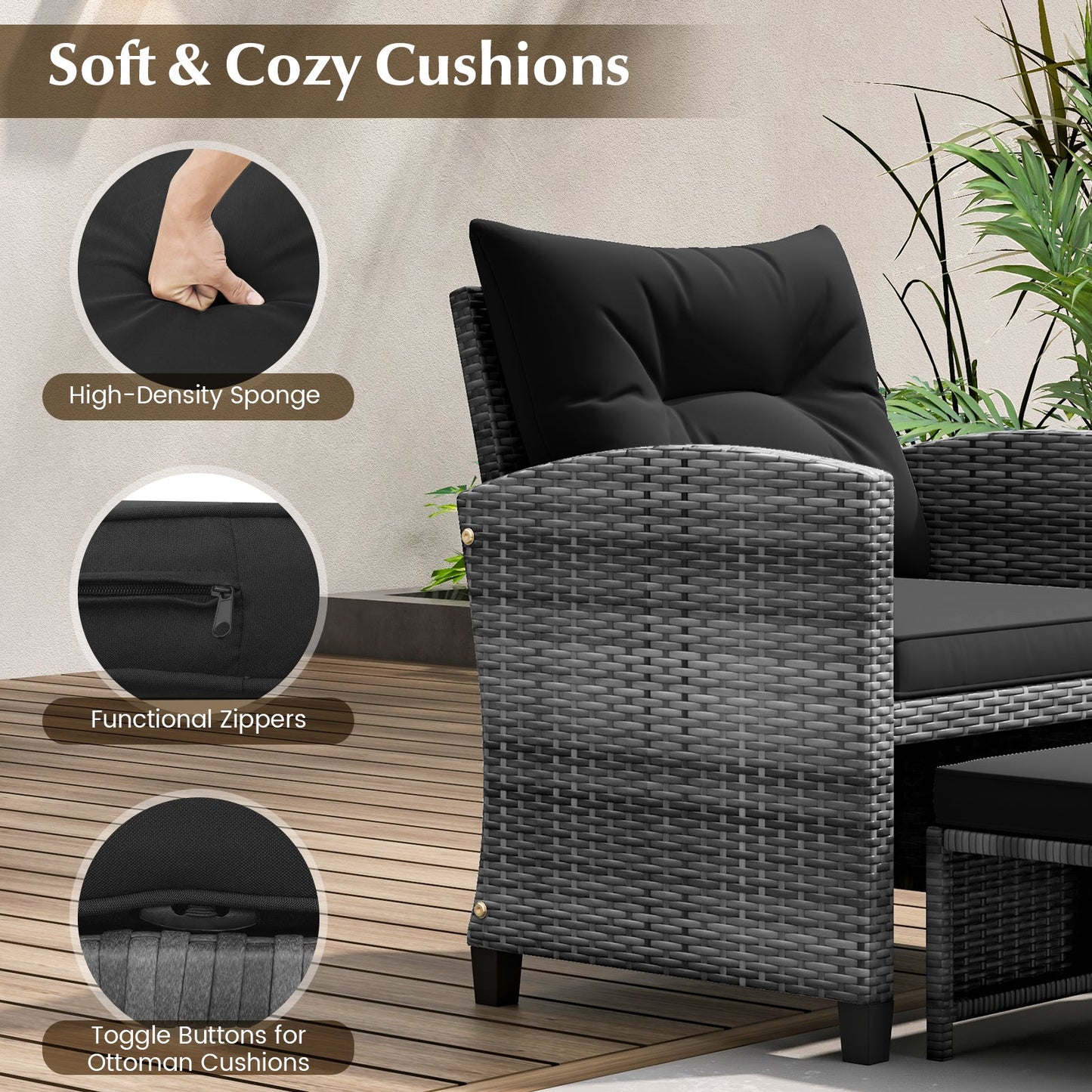 5 Piece Patio Rattan Furniture with 2 Ottomans and Tempered Glass Coffee Table