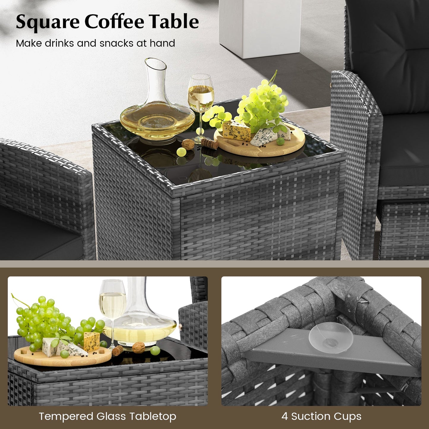 5 Piece Patio Rattan Furniture with 2 Ottomans and Tempered Glass Coffee Table