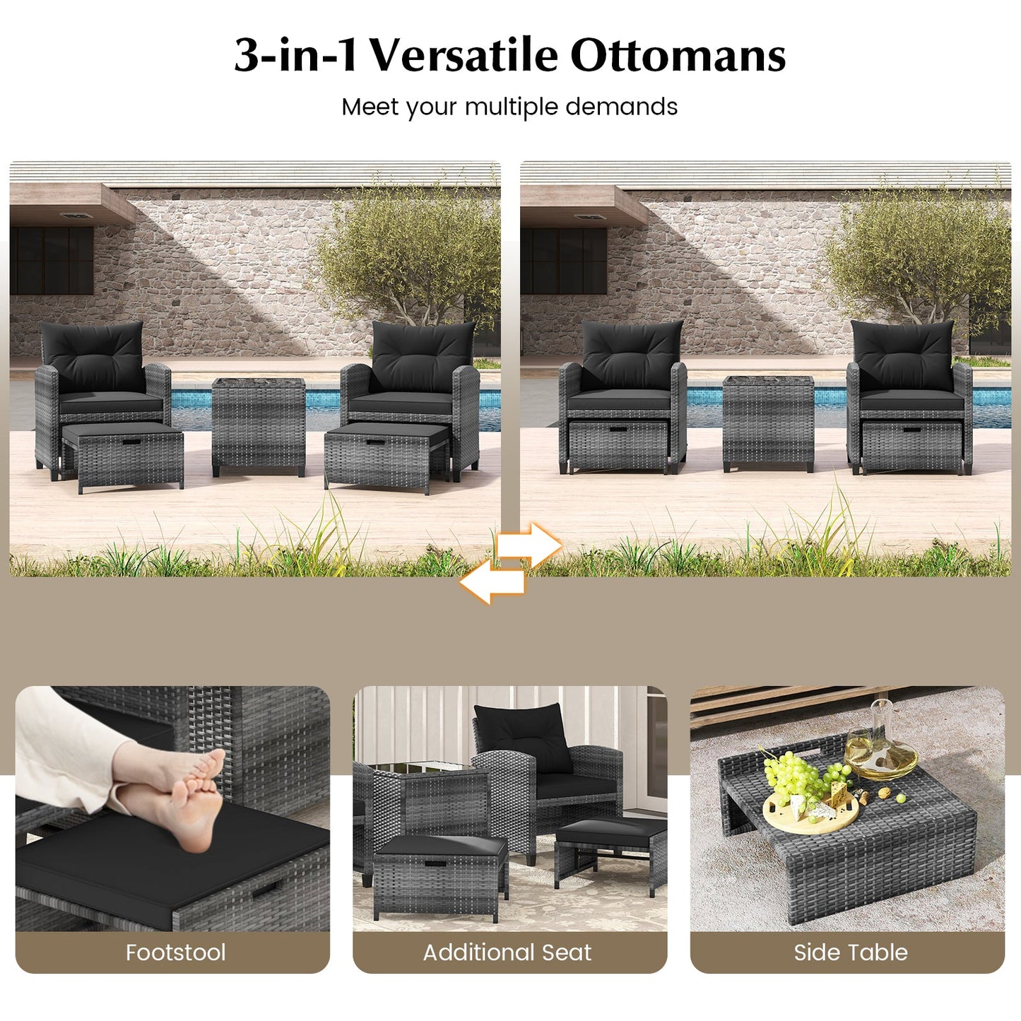 5 Piece Patio Rattan Furniture with 2 Ottomans and Tempered Glass Coffee Table