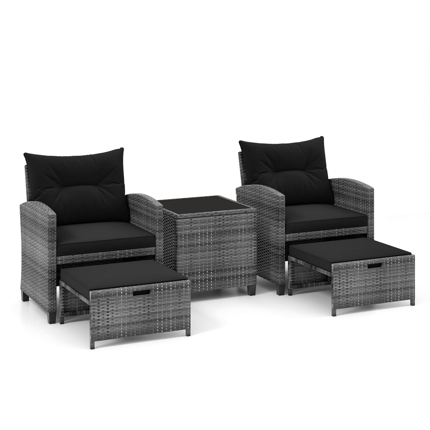 5 Piece Patio Rattan Furniture with 2 Ottomans and Tempered Glass Coffee Table
